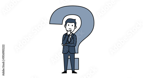 Businessman Standing Next to Large Question Mark.