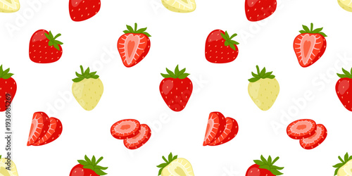 Strawberry seamless pattern with ripe and unripe berries. Fresh juicy strawberries on white background. Flat vector illustration.