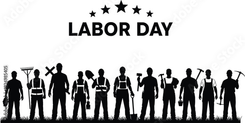 Labor Day workers silhouettes banner with construction and industry laborers holding tools, celebrating workforce, employment and working class tribute