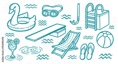 Summer Pool Party Fun Elements Collection Including Inflatable Swan Diving Board Deck Chair Cocktail and Beach Ball