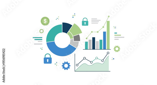 Financial Data Analysis and Security Dashboard Vector. Business metrics visualization with pie chart, bar graph, line graph, dollar sign, and secure padlock icons.
