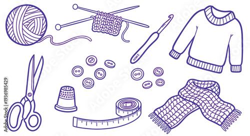 Hand drawn illustration of knitting and sewing supplies for crafting and handmade projects