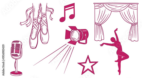 Diverse Performing Arts Elements Ballet Dancer Microphone Spotlight Music Notes Stage Curtains and Star Symbol