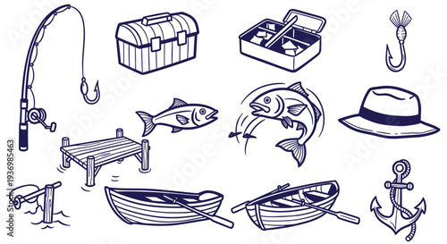 Vintage Fishing Gear Collection Depicting A Classic Outdoor Hobby With Rods Reels Tackle Box And A Rowboat