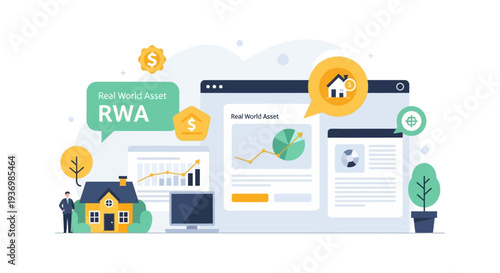 Real World Asset (RWA) Tokenization Concept. Digital investment platform connecting blockchain finance to physical property, real estate, and tangible assets.