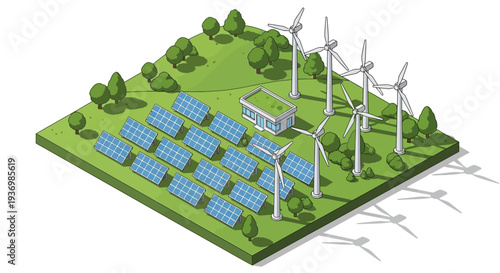 Renewable energy landscape solar panels wind turbines illustration
