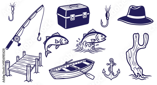 Fishing gear and accessories collection for outdoor recreation and hobbies including a rod reel tackle box boat anchor and pier