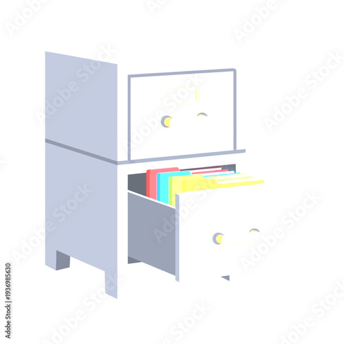 Modern vector illustration of a filing cabinet with an open drawer revealing colorful documents and folders. Office organization.