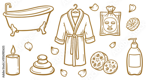 Relaxing Spa Elements Collection Featuring Bathtub Robe Candle Stones Face Mask Lotion and Lotus Flowers for Wellness and Self Care