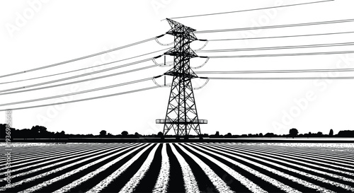 High voltage electricity transmission tower over agricultural field silhouette, power lines infrastructure supplying energy to rural farming landscape