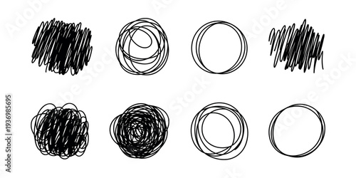 Black scribble circles and solid shapes on white background