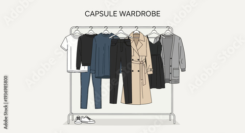 Capsule wardrobe minimalist fashion clothing collection illustration