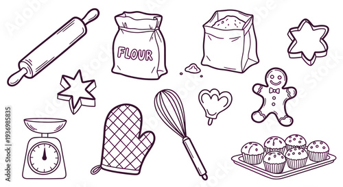 Whimsical Baking Collection Line Art Featuring Rolling Pin Cookie Cutters Oven Mitt Whisk Scale and Muffins