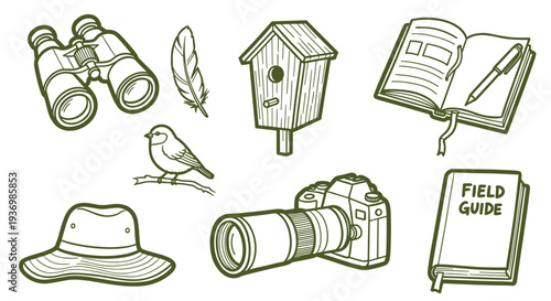Collection of bird watching and nature exploration equipment and symbols for outdoor hobbies and activities