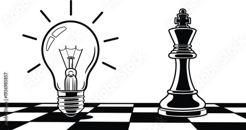 Hand drawn line art concept set featuring a glowing light bulb and a chess king for business strategy and creative thinking