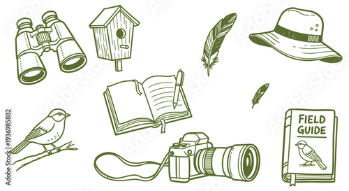 Birdwatching adventure gear including binoculars camera field guide notebook and hat for outdoor nature exploration