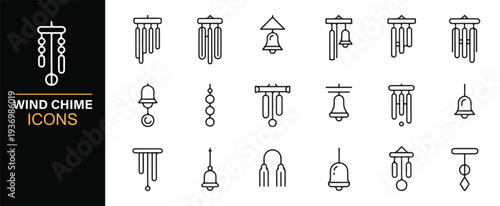 Garden decoration wind chime symbols line icon pack