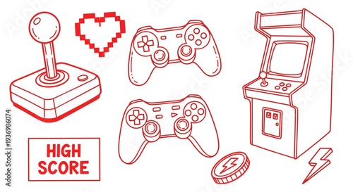 Retro arcade game elements including joystick, controllers, coin, lightning bolt, and high score text with pixel heart illustration