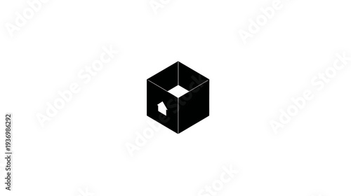 A geometric, black cube with a cut-out and an arrow shape on a white background