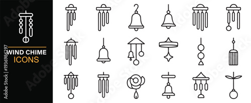 Wind chime decoration and hanging bell vector line icons