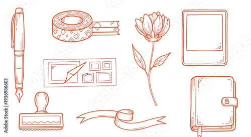 Hand drawn collection of stationery and journaling elements in a charming doodle art style for creative expression and organization