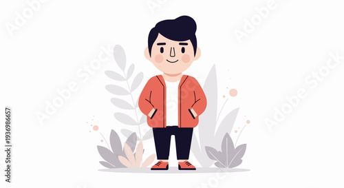 A young person in a red jacket stands with hands in pockets, amidst abstract foliage