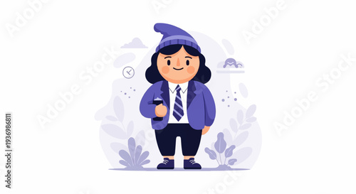 Stylized character in a suit and beanie, holding a device
