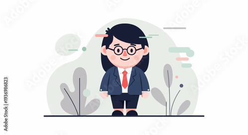 A cute cartoon person in a suit, surrounded by abstract shapes and plant-like forms