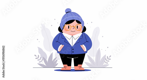 Whimsical character wearing winter attire with glasses and plants