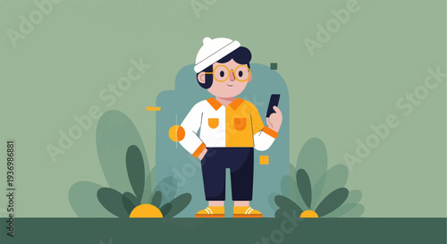 Cheerful person in modern attire holds phone, set against abstract botanical background