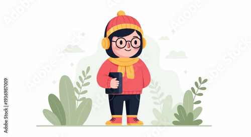 Cute character in winter attire holding a tablet amidst abstract flora