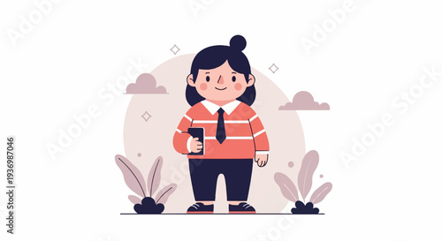 A cartoon character with dark hair, wearing a striped shirt and tie, holds a phone