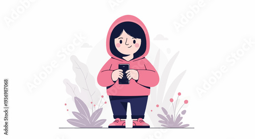 Young person in pink hoodie holding smartphone, surrounded by stylized plants