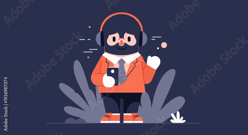 A character with headphones and a phone, dressed in a suit and tie, stands amidst stylized plants
