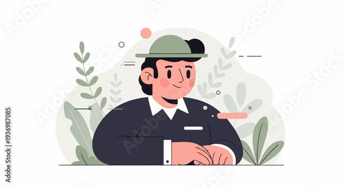 A stylishly dressed man with a hat sits indoors surrounded by plants and abstract shapes