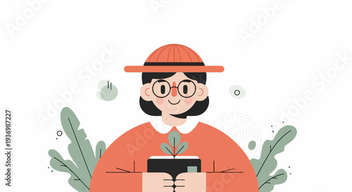 Cheerful character in hat holds potted plant with green leaves, surrounded by abstract shapes