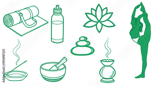Serene yoga and wellness icons including a mat water bottle incense stones and a lotus flower symbolizing relaxation and healthy living