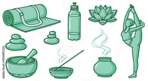 Serene collection of yoga and wellness items including a mat water bottle lotus flower incense and a meditating figure in a graceful pose