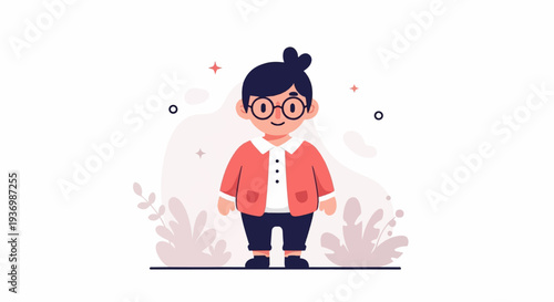 A cartoon kid in glasses and a coral jacket with dark pants