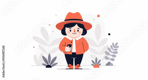 A whimsical character with a hat and jacket holds a phone, surrounded by stylized plants