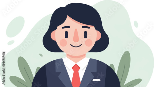 Stylized illustration of a smiling person in professional attire, set against organic shapes