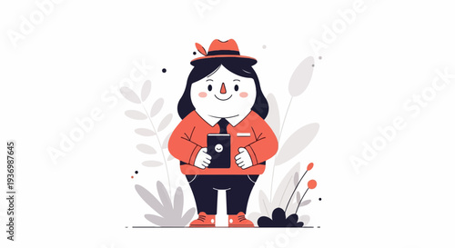 A plump, smiling person in a hat holds a device