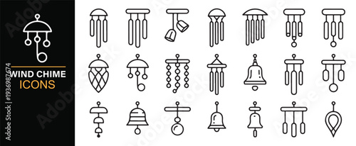 Decorative wind chime line icons for meditation garden design