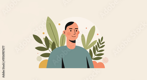 A stylized portrait of a man with short dark hair and a teal shirt, amidst green leaves and abstract shapes