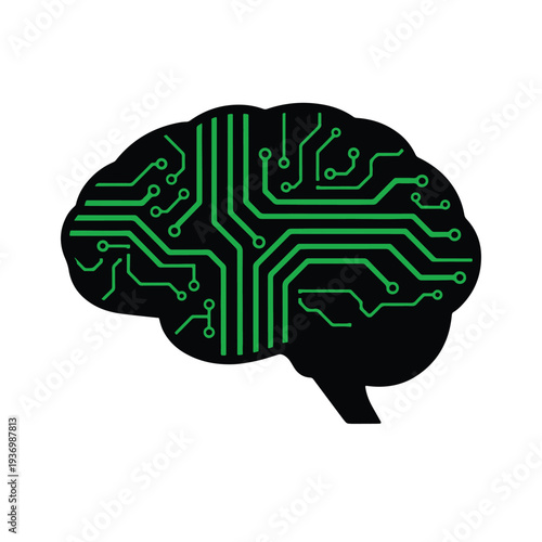 Sustainable AI Brain Chip With Green Energy Circuit Lines — Low-Power Neural Accelerator And Eco AI Hardware Icon, Black Solid Vector Isolated On White