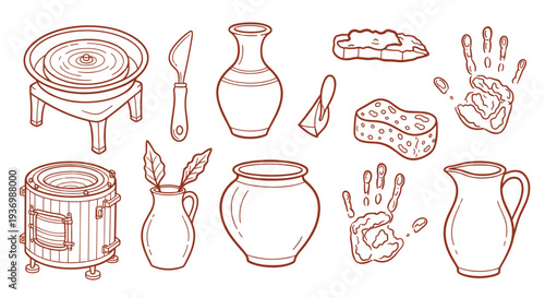 Hand drawn pottery tools and ceramic creations on a white background artistic illustration