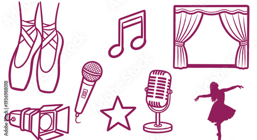 Collection of artistic performance and entertainment icons including ballet shoes microphone stage spotlight and musical note