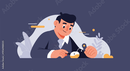 A focused man in a suit examines a small object with a tool, surrounded by abstract shapes and plants