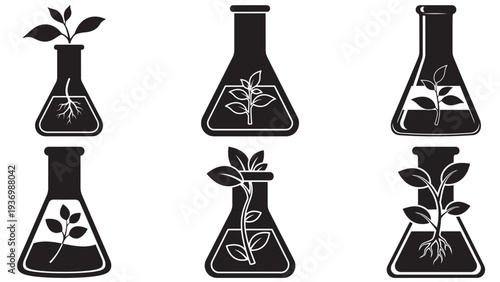 Plant Lab Flask Containing Small Cutting And Growth Icon Set — Laboratory Propagation, Tissue Culture And Plant Nursery Symbols In Black Solid Vector Isolated On White