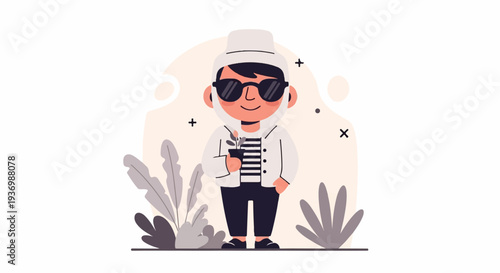 Stylized cartoon of a smiling person in sunglasses, holding a potted plant
